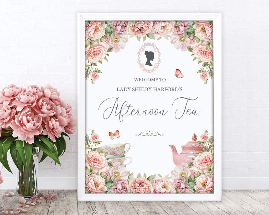 18 x 24 welcome sign for an afternoon tea event with floral design and teacup illustration, leaning against a white wall next to a vase of pink flowers