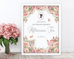 18 x 24 welcome sign for an afternoon tea event with floral design and teacup illustration, leaning against a white wall next to a vase of pink flowers