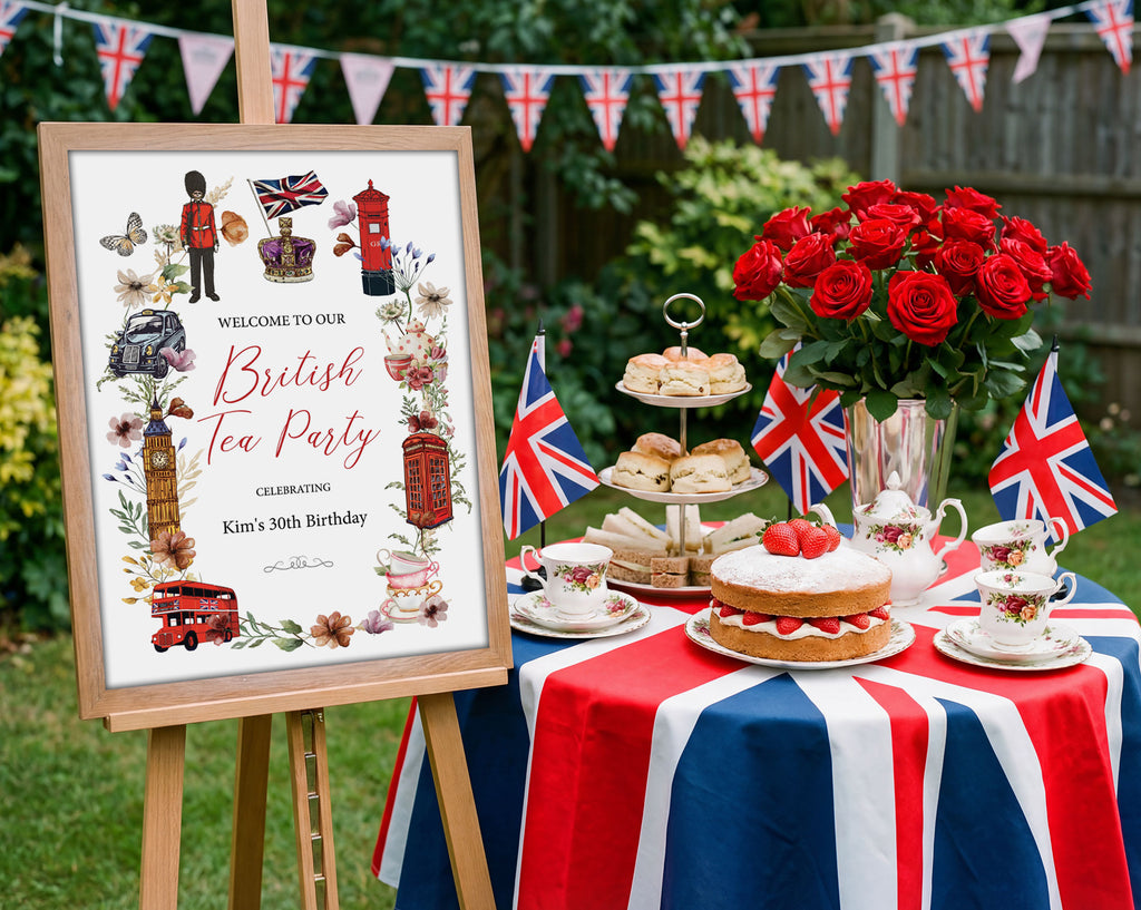 london type party set up with bunting and a table set with a union jack tablecloth and pretty tea party food and an 18 x 24 British Tea Party Welcome Sign next to it on an easel