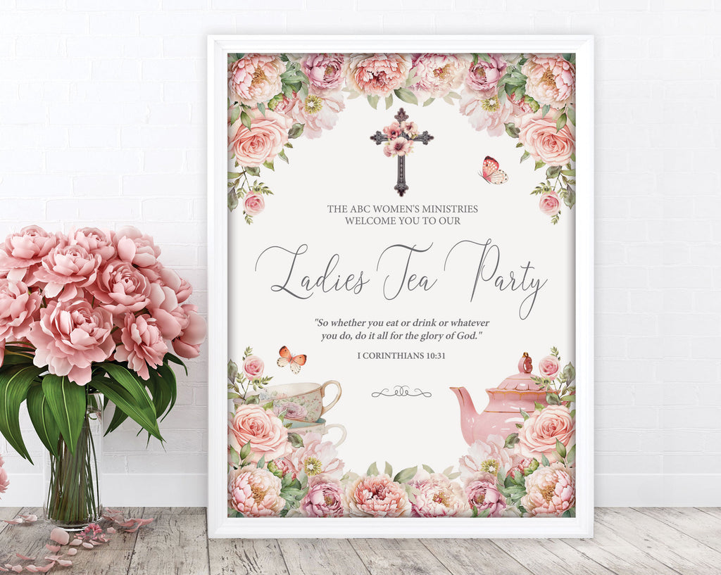 a 16 x 20 elegant blush pink flower ladies tea party welcome sign in a white frame leaning up against a white wall next to some pink flowers in a vase