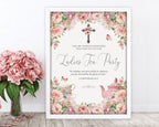 a 16 x 20 elegant blush pink flower ladies tea party welcome sign in a white frame leaning up against a white wall next to some pink flowers in a vase