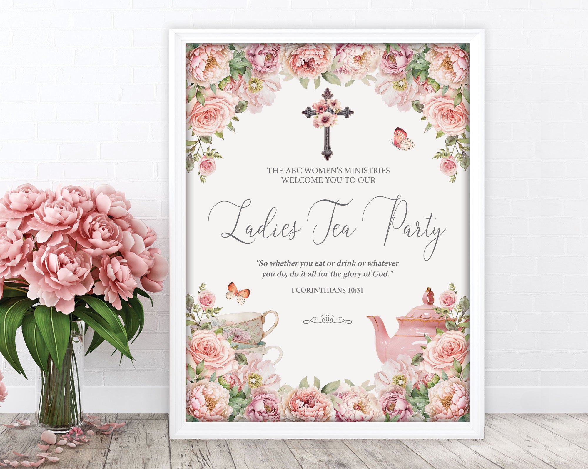 a 16 x 20 elegant blush pink flower ladies tea party welcome sign in a white frame leaning up against a white wall next to some pink flowers in a vase