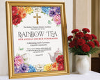 A pretty 18 x 24 Church Rainbow tea welcome sign in a gold frame with flowers and gold cross graphics on a table leaning up against a church wall with some red carnations in a vase next to it