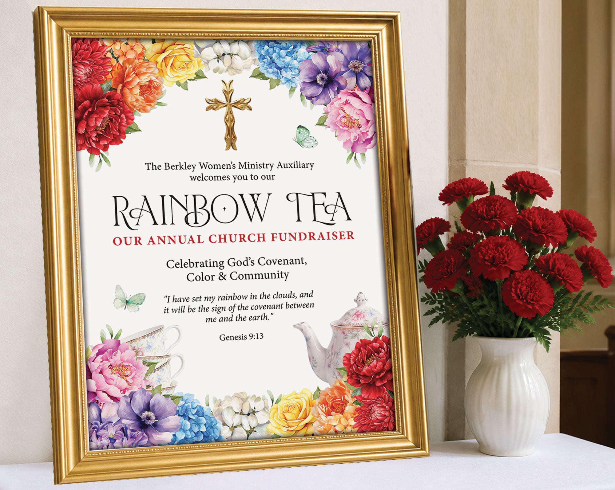 A pretty 18 x 24 Church Rainbow tea welcome sign in a gold frame with flowers and gold cross graphics on a table leaning up against a church wall with some red carnations in a vase next to it