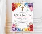 an 18 x 24 welcome sign for a church rainbow tea event with colorful flowers, gold cross and teapot graphics, on an easel with a white curtain and a white panelled wall in the background
