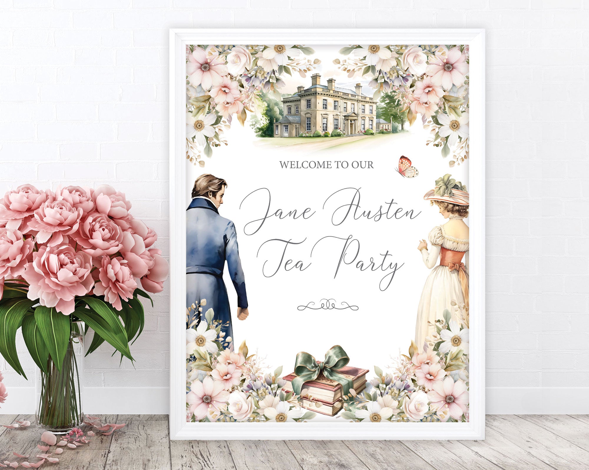 elegant jane austen inspired welcome sign with regency couple, austen mansion and book graphics in a white frame leaning up against a white wall next to some pink flowers in a vase