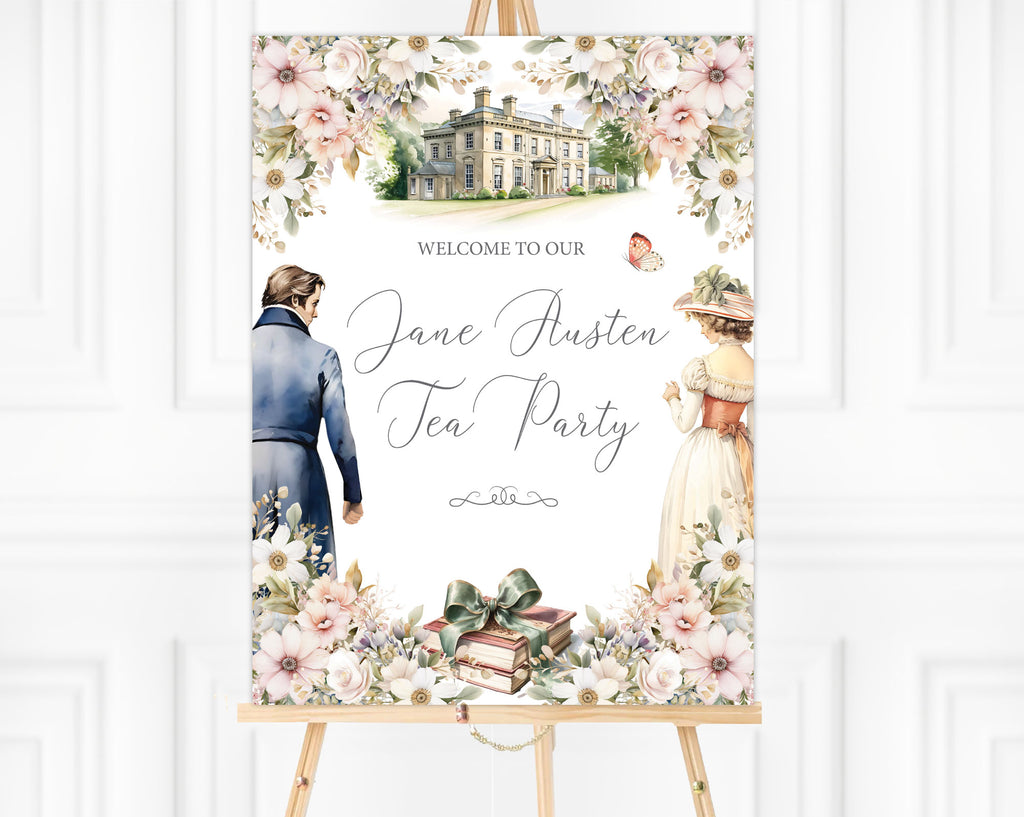 18 x 24 jane austen regency party welcome sign with lady and gentleman, mansion and book graphics on an easel in front of a white panelled wall
