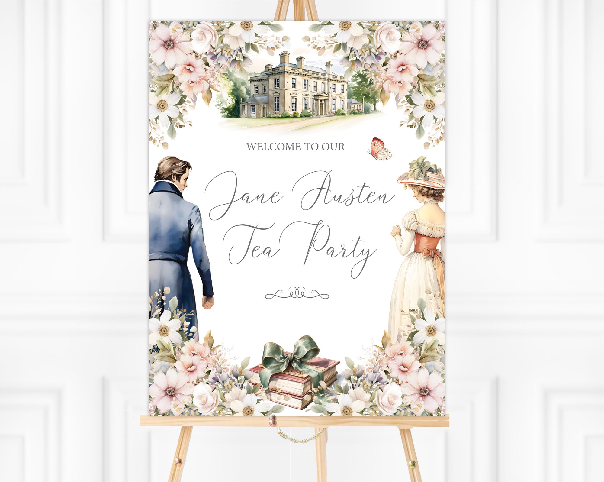 18 x 24 jane austen regency party welcome sign with lady and gentleman, mansion and book graphics on an easel in front of a white panelled wall
