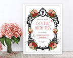 a red black and pink gothic high tea sign in a white frame leaning up against wall next to some blush pink flowers