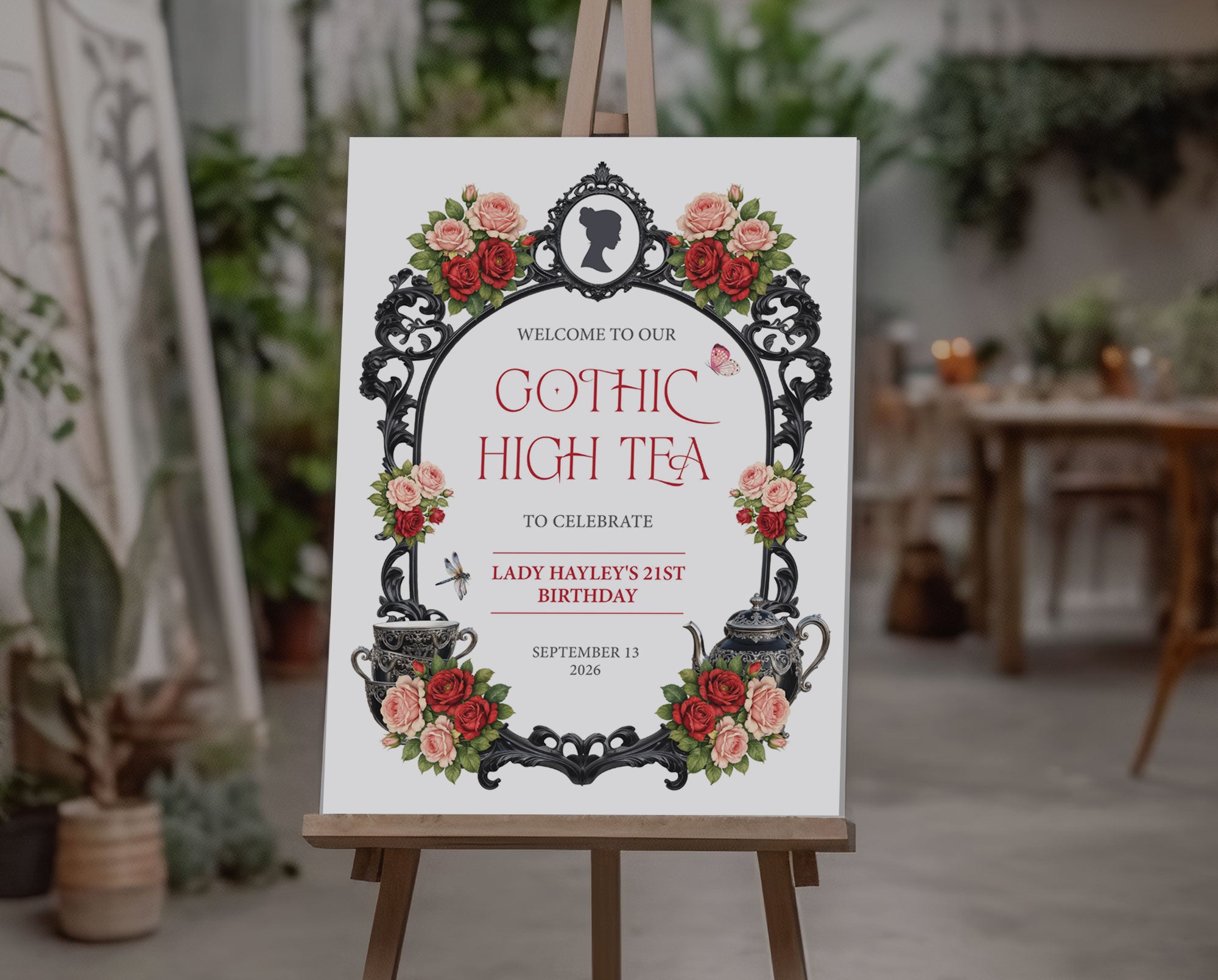an elegant regency gothic high tea 18 x 24 welcome sign on an easel with an outside restaurant bar in the background