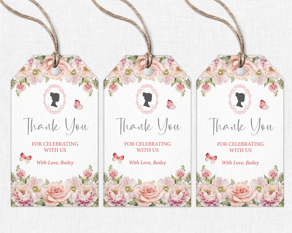 Étiquette de remerciement 2 x 3,5 avec fleurs roses blush, camée et papillons