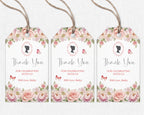 Étiquette de remerciement 2 x 3,5 avec fleurs roses blush, camée et papillons