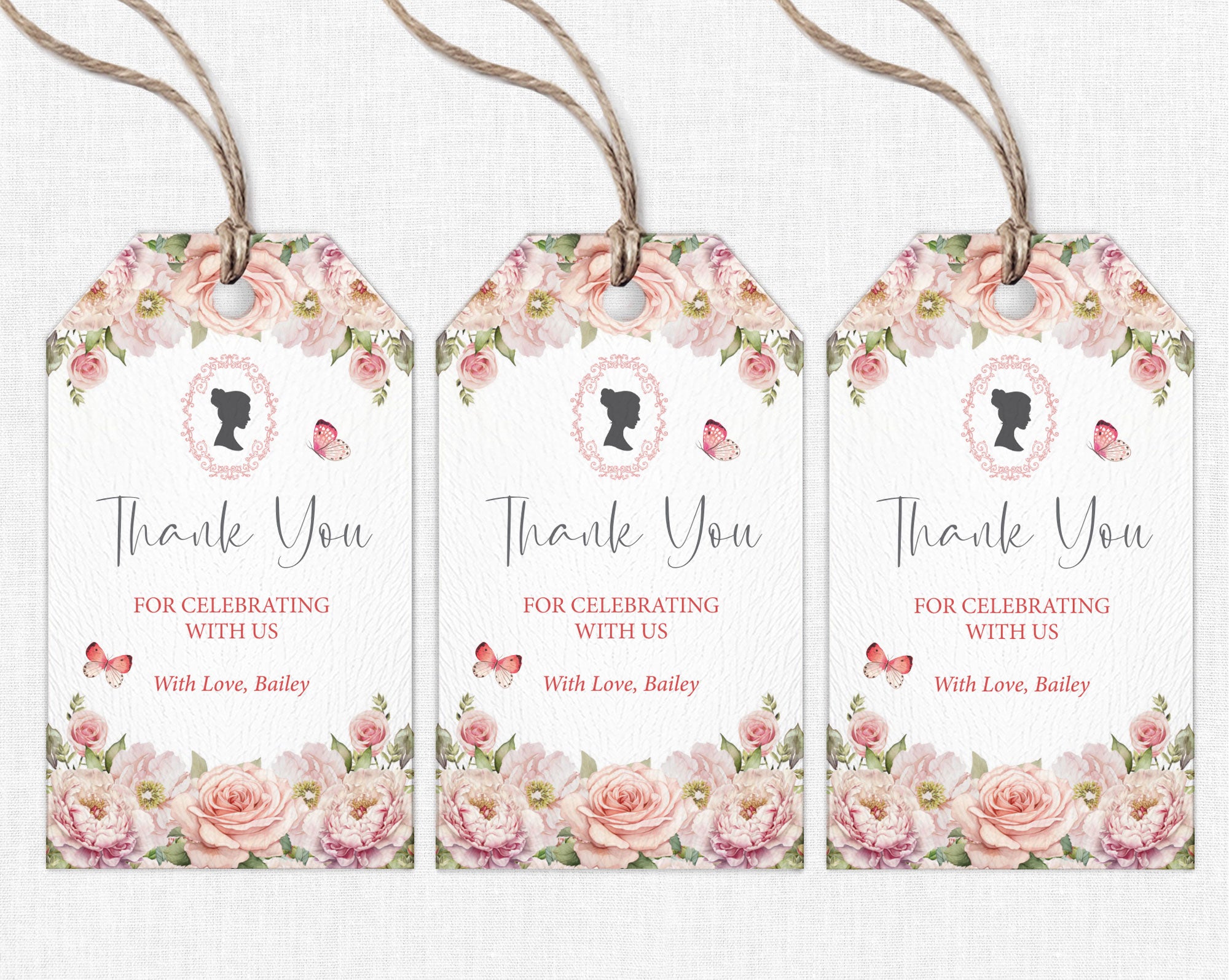 Étiquette de remerciement 2 x 3,5 avec fleurs roses blush, camée et papillons