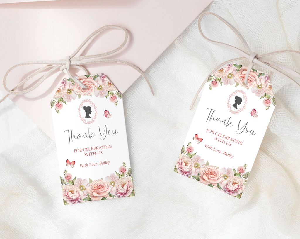 Étiquette de remerciement 2 x 3,5 avec fleurs roses blush, camée et papillons