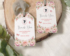 Étiquette de remerciement 2 x 3,5 avec fleurs roses blush, camée et papillons
