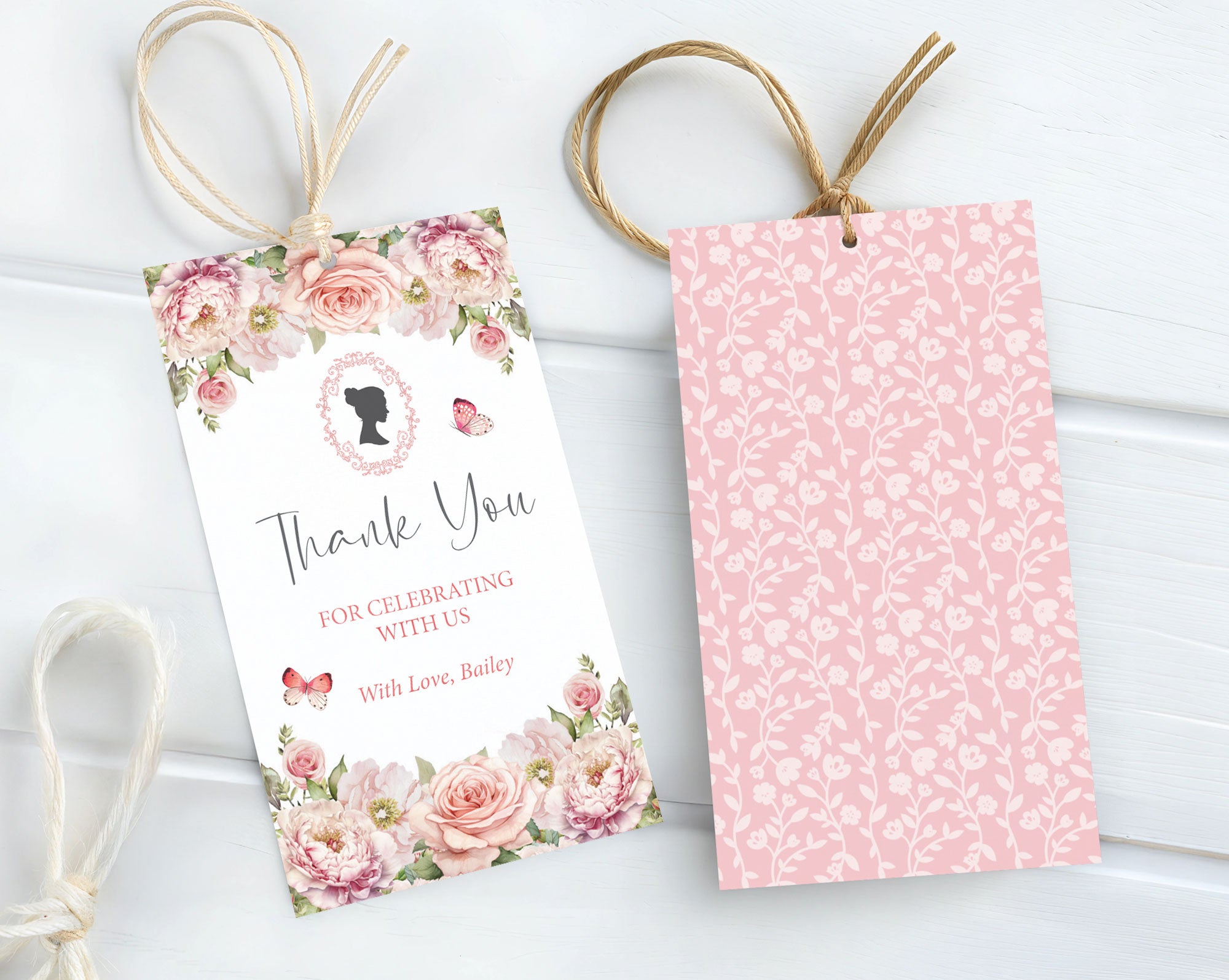 Étiquette de remerciement 2 x 3,5 avec fleurs roses blush, camée et papillons