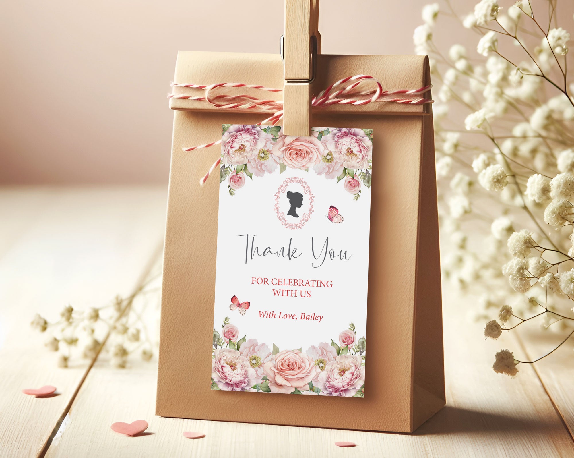 Étiquette de remerciement 2 x 3,5 avec fleurs roses blush, camée et papillons
