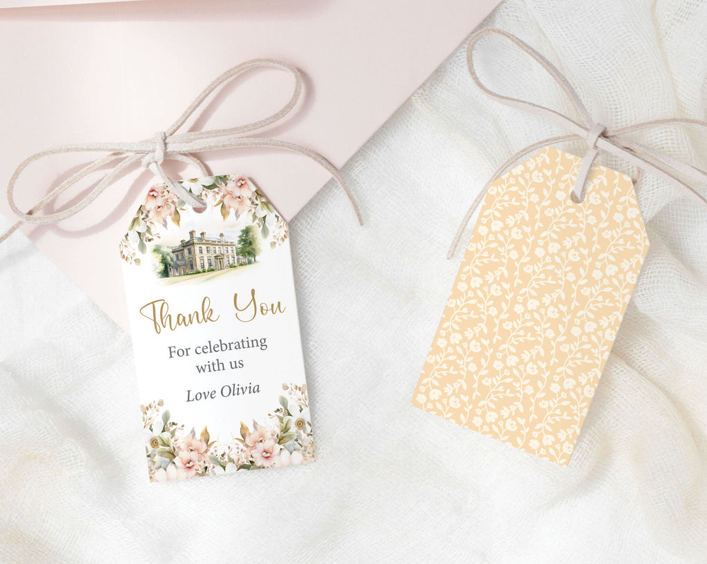 Jane Austen Tag for Party Favors, Pink and White Flowers, Pretty pattern back, austen mansion house