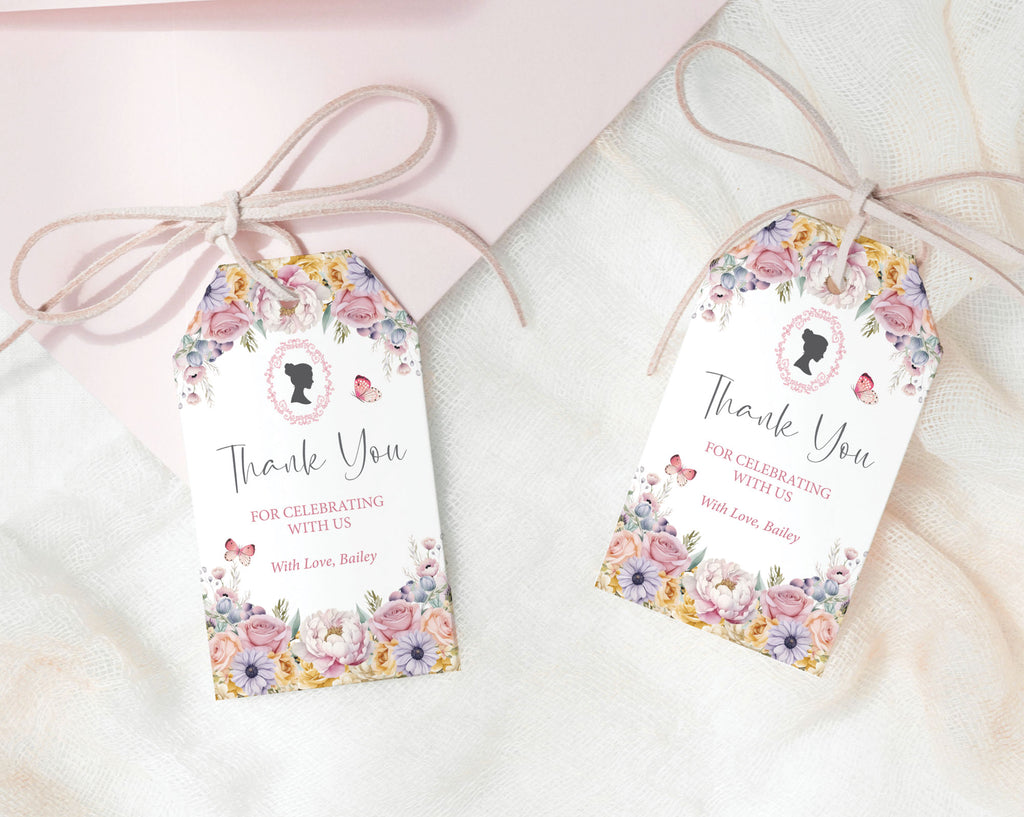 Two pastel flower gift tags with 'Thank You' text on a soft pink background
