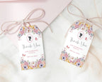 Two pastel flower gift tags with 'Thank You' text on a soft pink background
