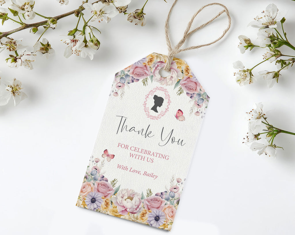 Floral gift tag with 'Thank You' message and cameo on a white background with flowers.