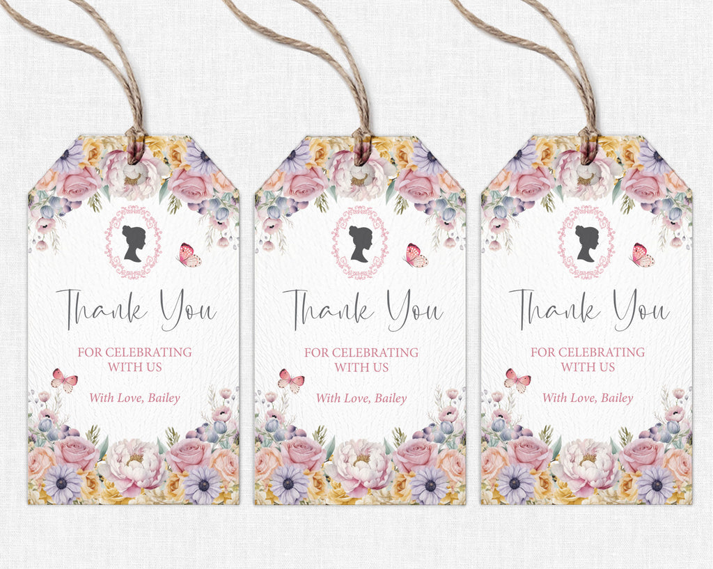 Three floral gift tags with 'Thank You' text and cameo on a white background