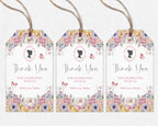 Three floral gift tags with 'Thank You' text and cameo on a white background