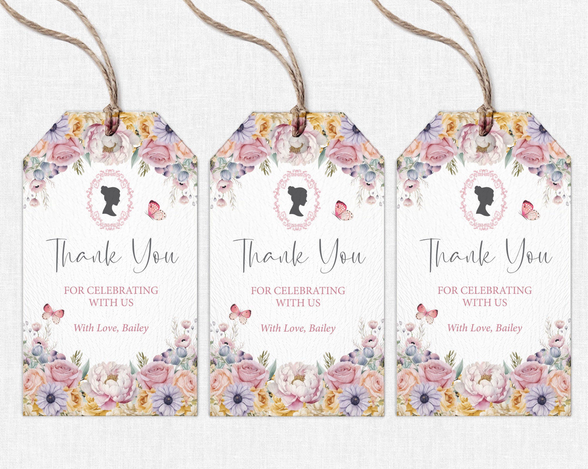 Three floral gift tags with 'Thank You' text and cameo on a white background
