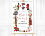 24 x 36 ritish Tea Party Sign with London icons on an easeal in front of a panelled white wall