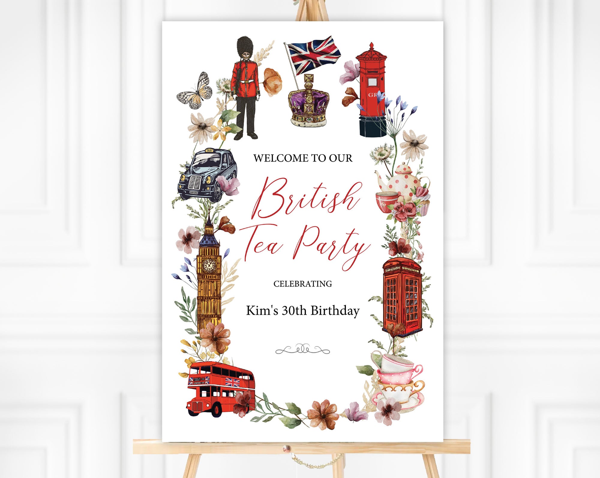 24 x 36 ritish Tea Party Sign with London icons on an easeal in front of a panelled white wall