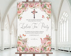 24 x 36 blush pink flower christian church ladies tea party welcome sign on an easel with a white church hall in the background