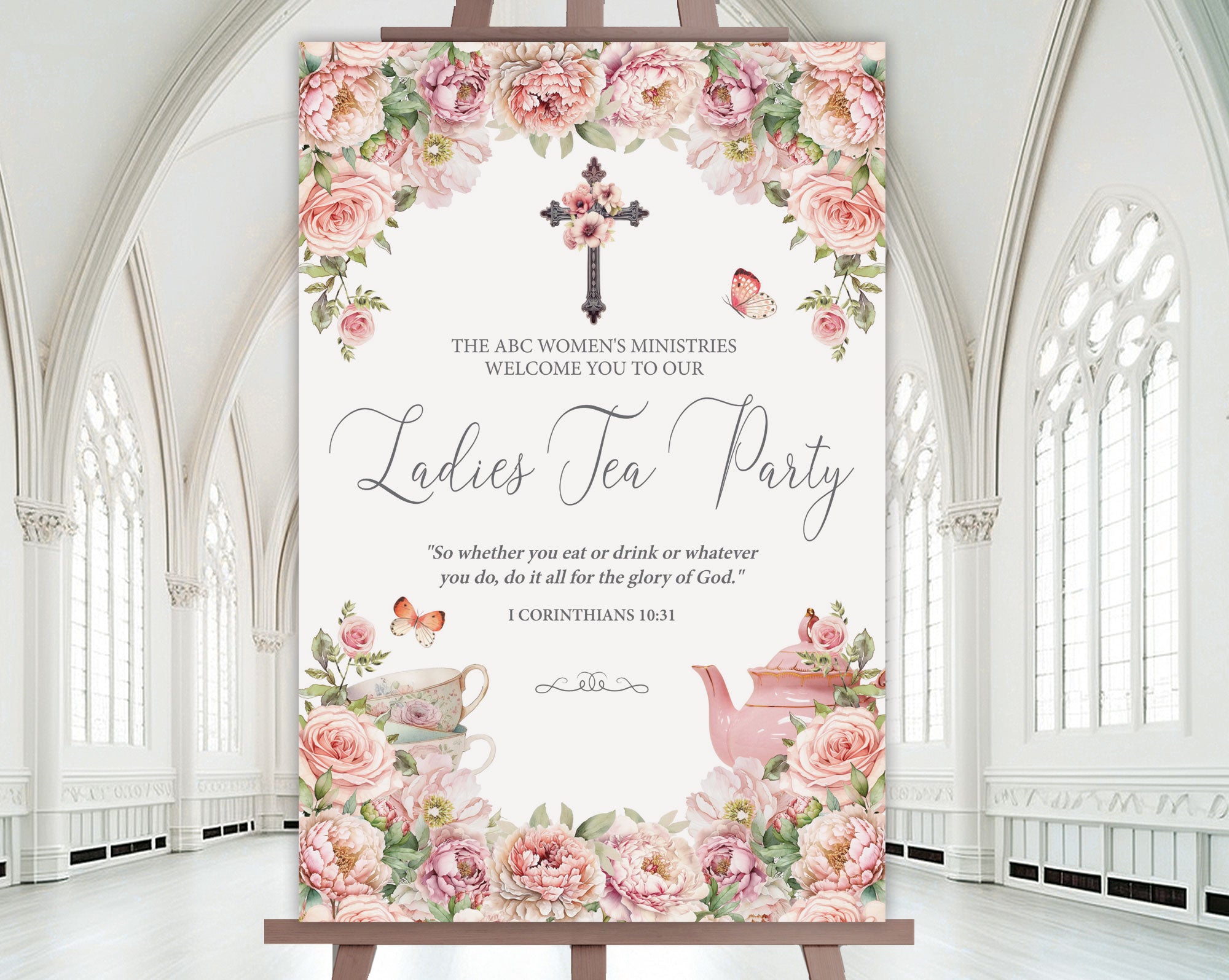 24 x 36 blush pink flower christian church ladies tea party welcome sign on an easel with a white church hall in the background