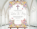 24 x 36 christian church ladies tea party welcome sign on an easel with a white church hall in the background