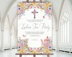 24 x 36 christian church ladies tea party welcome sign on an easel with a white church hall in the background