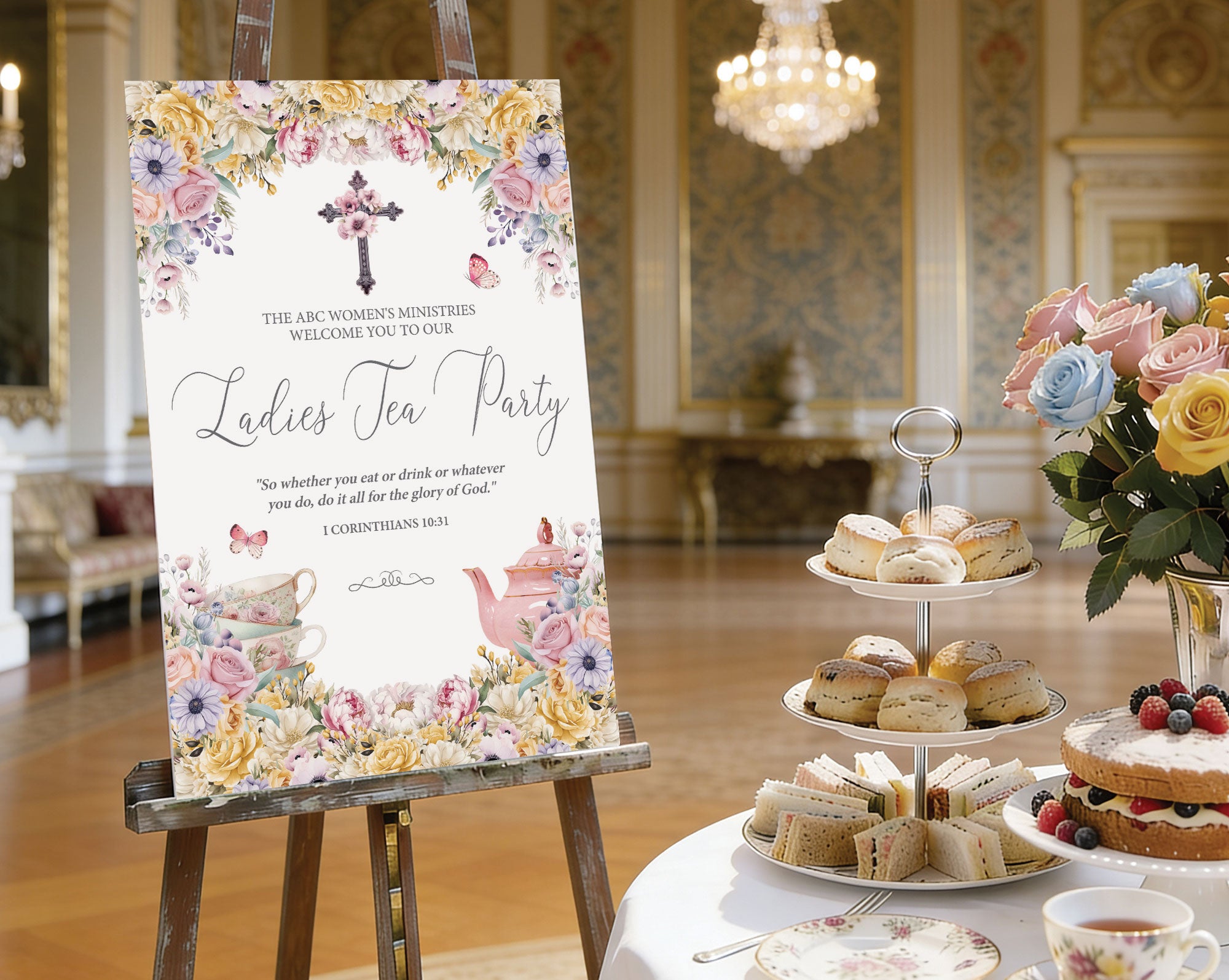 18 x 24 ladies tea party welcome sign with christian flower cross, pastel florals and teapot, on a wooden easel next to a round white tea table set with a tiered stand with sandwiches and cakes, pastel flowers in a vase and a elegant room in the background