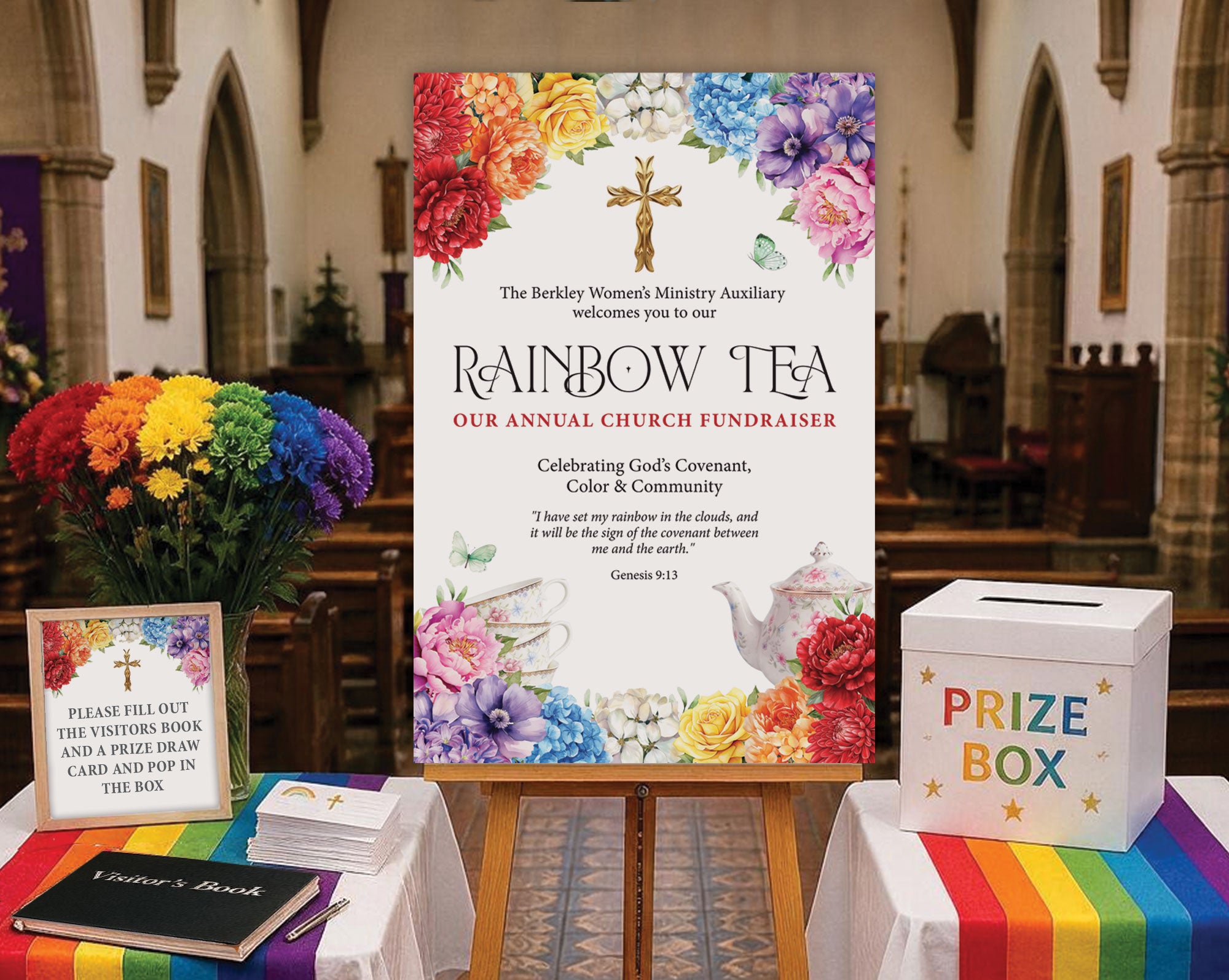 a bright rainbow tea welcome sign on a wooden easel in a church room next to two white tables one with a visitors book and a small sign and the other with a white prize draw box