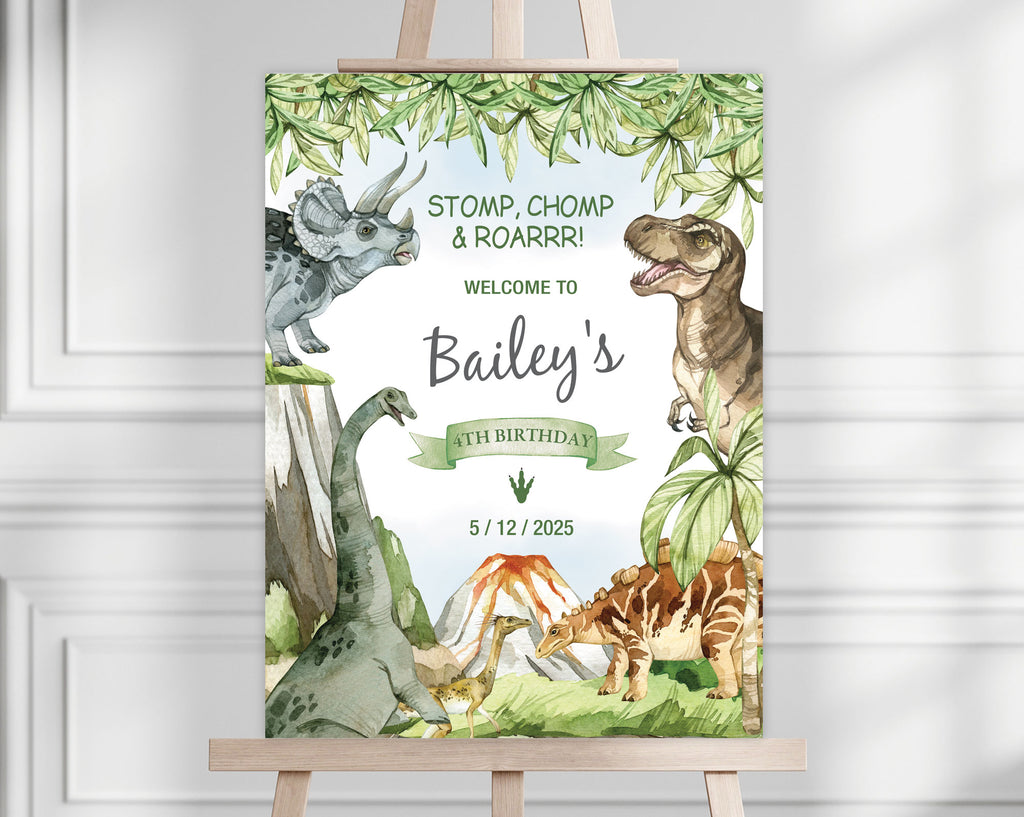 a dinosaur welcome sign for a kids party on an easel in front of a white panel wall