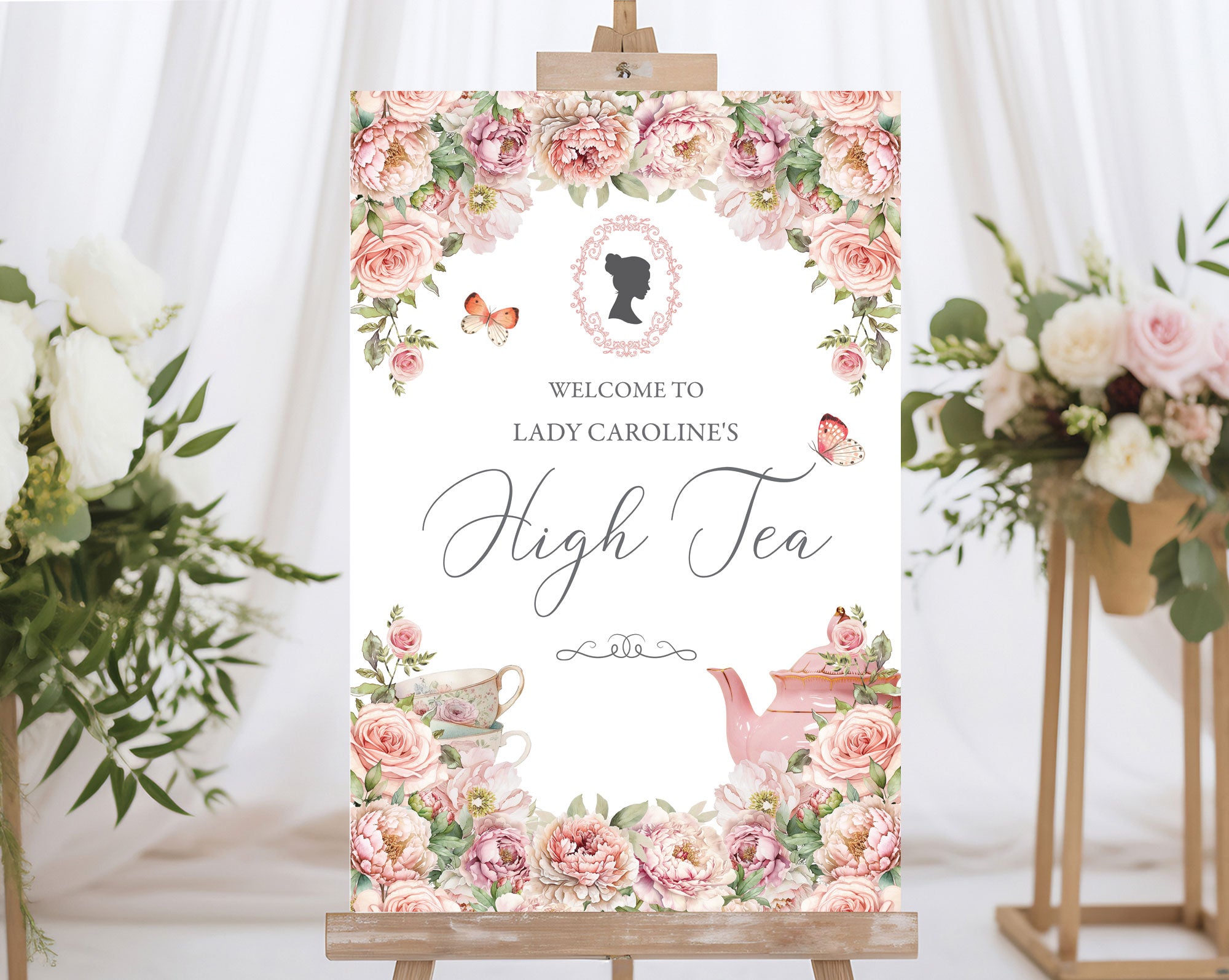 Regency High Tea Welcome Signs, Blush Pink, Cameo, Teapot, 16x20, 18x24, 24x36