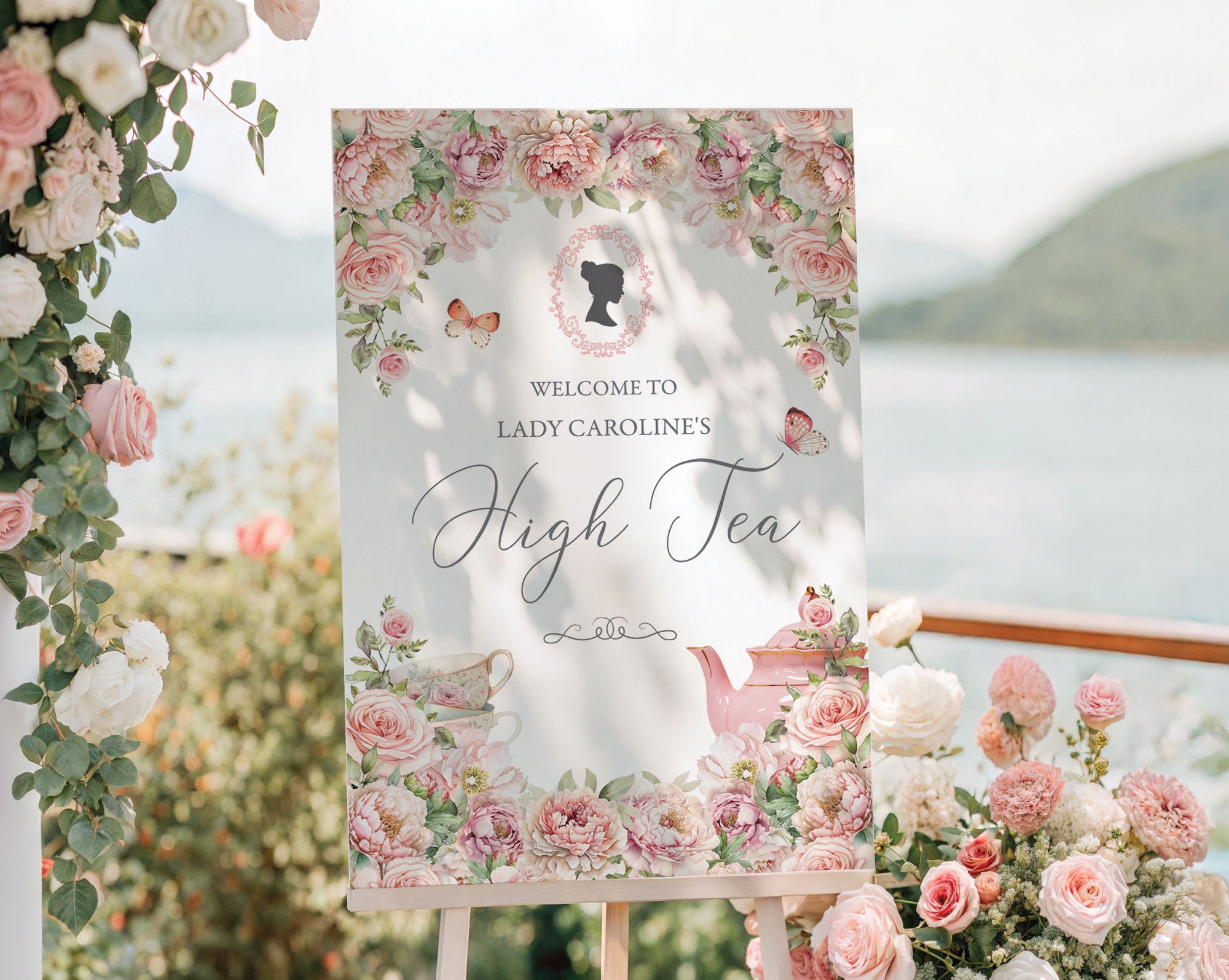Regency High Tea Welcome Signs, Blush Pink, Cameo, Teapot, 16x20, 18x24, 24x36