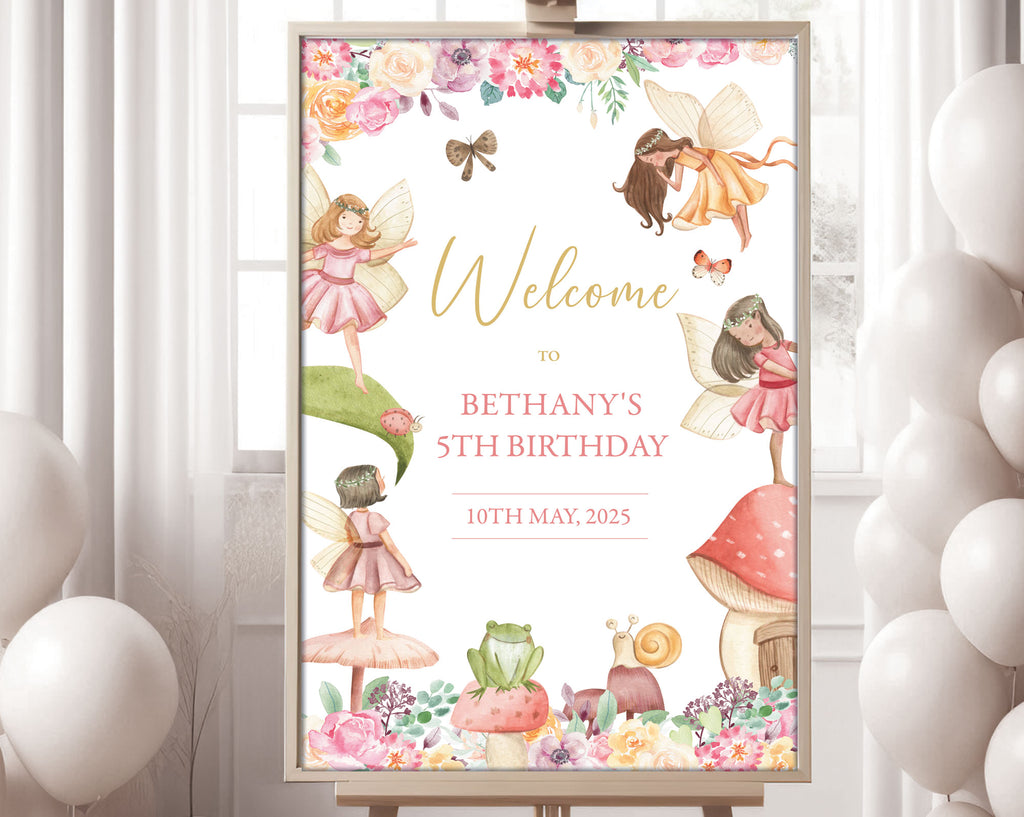 24 x 36 fairy garden welcome sign in a wooden frame on an easel with a window with white curtains and white balloons in the background