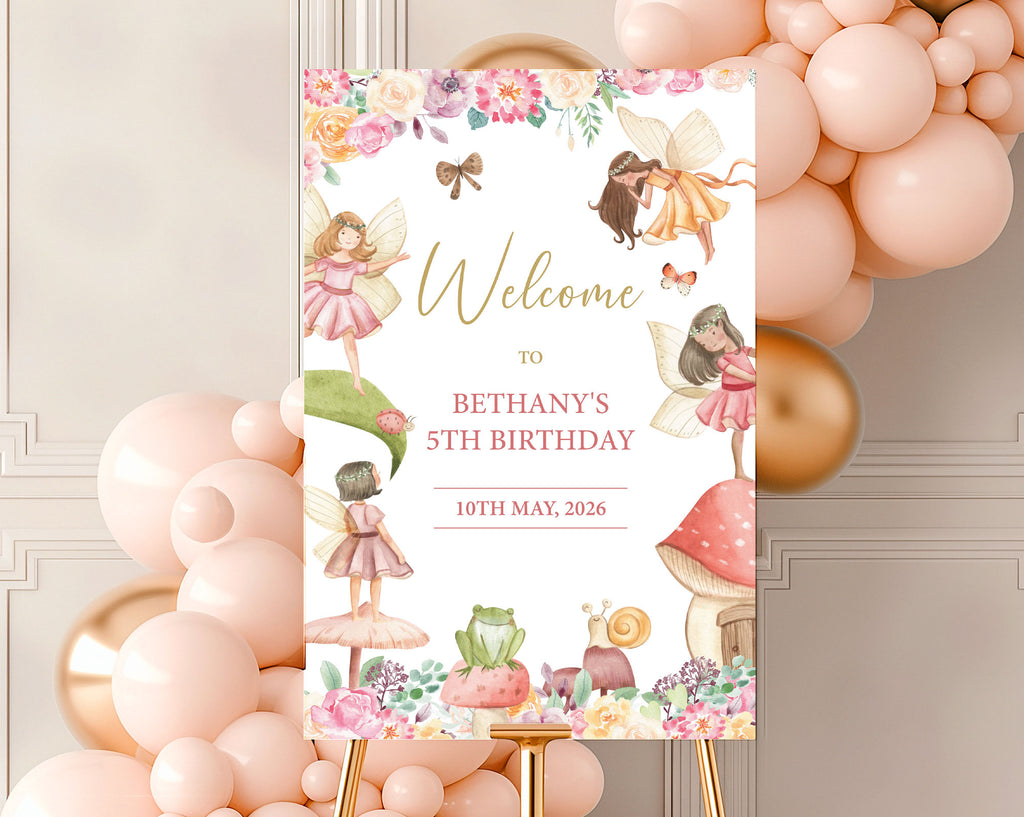 an 18 x 24 fairy party birthday welcome sign on a gold stand with pink and gold balloons in the background