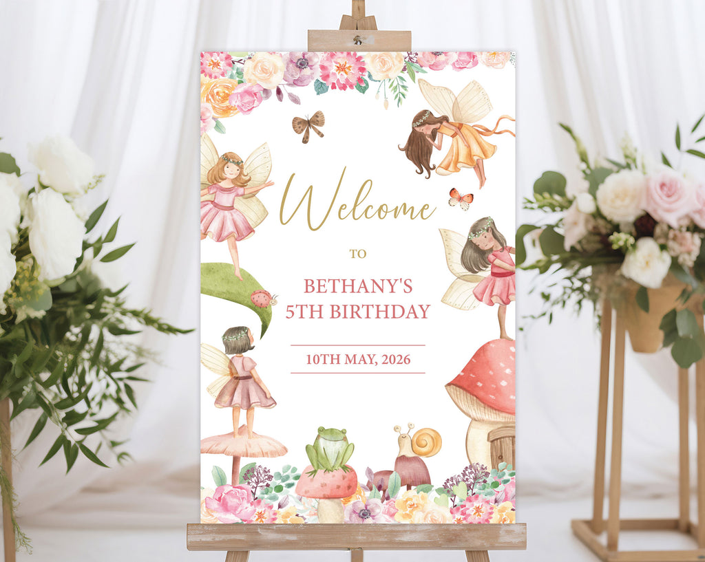 24 x 36 fairy garden girls birthday welcome sign on an easel, with a white curtain and flowers in the background