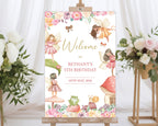 24 x 36 fairy garden girls birthday welcome sign on an easel, with a white curtain and flowers in the background
