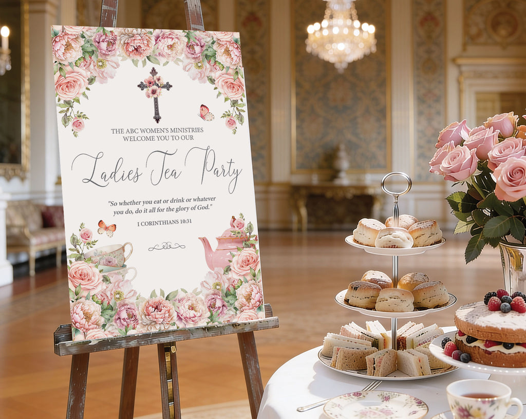18 x 24 ladies tea party welcome sign with christian flower cross, blush pink florals and teapot, on a wooden easel next to a round white tea table set with a tiered stand with sandwiches and cakes, pink flowers in a vase and a elegant room in the background