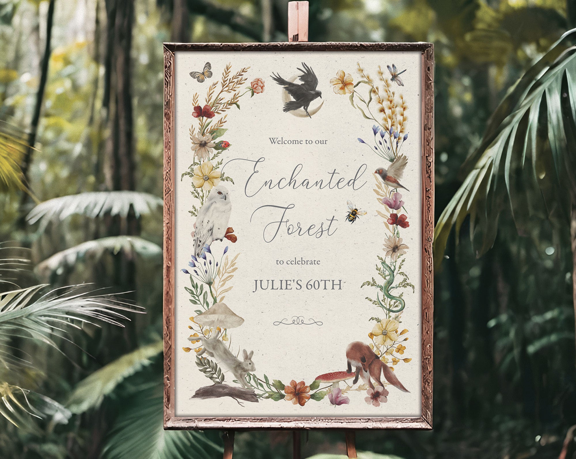 a forest background with a gold framed 24 x 36 enchanted forest dinner welcome sign in the foreground