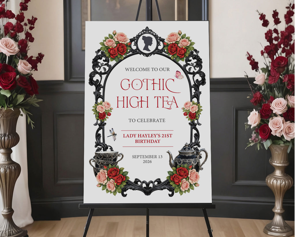 Elegant moody gothic high tea 24 x 36 sign with ornate black frame, gothic teapot, regency style cameo sitting on a black easel with red and pink roses at the side