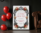 victorian gothic high tea party sign in a frame leaning up against a black wall next to some red balloons