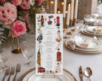a british dinner menu standing on a white and gold plate, sitting on a long white table, with red pink roses in the background