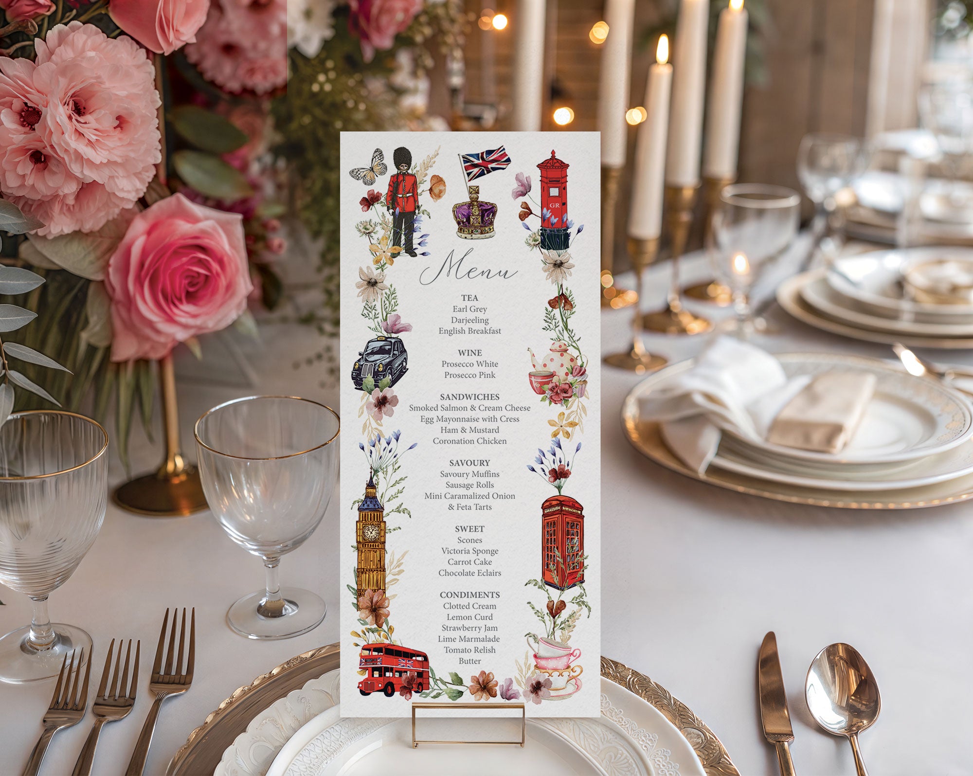 a british dinner menu standing on a white and gold plate, sitting on a long white table, with red pink roses in the background