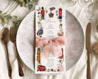 a british style menu for a tea party with london icons, like big ben, black cab and red double decker bus graphics, laying on a plate with cutlery and greenery in the background